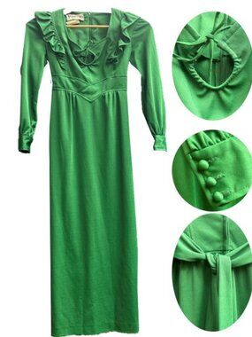 Rare Vintage 70's Long-Sleeve Disco Hostess Emerald Green Ruffle Maxi Dress